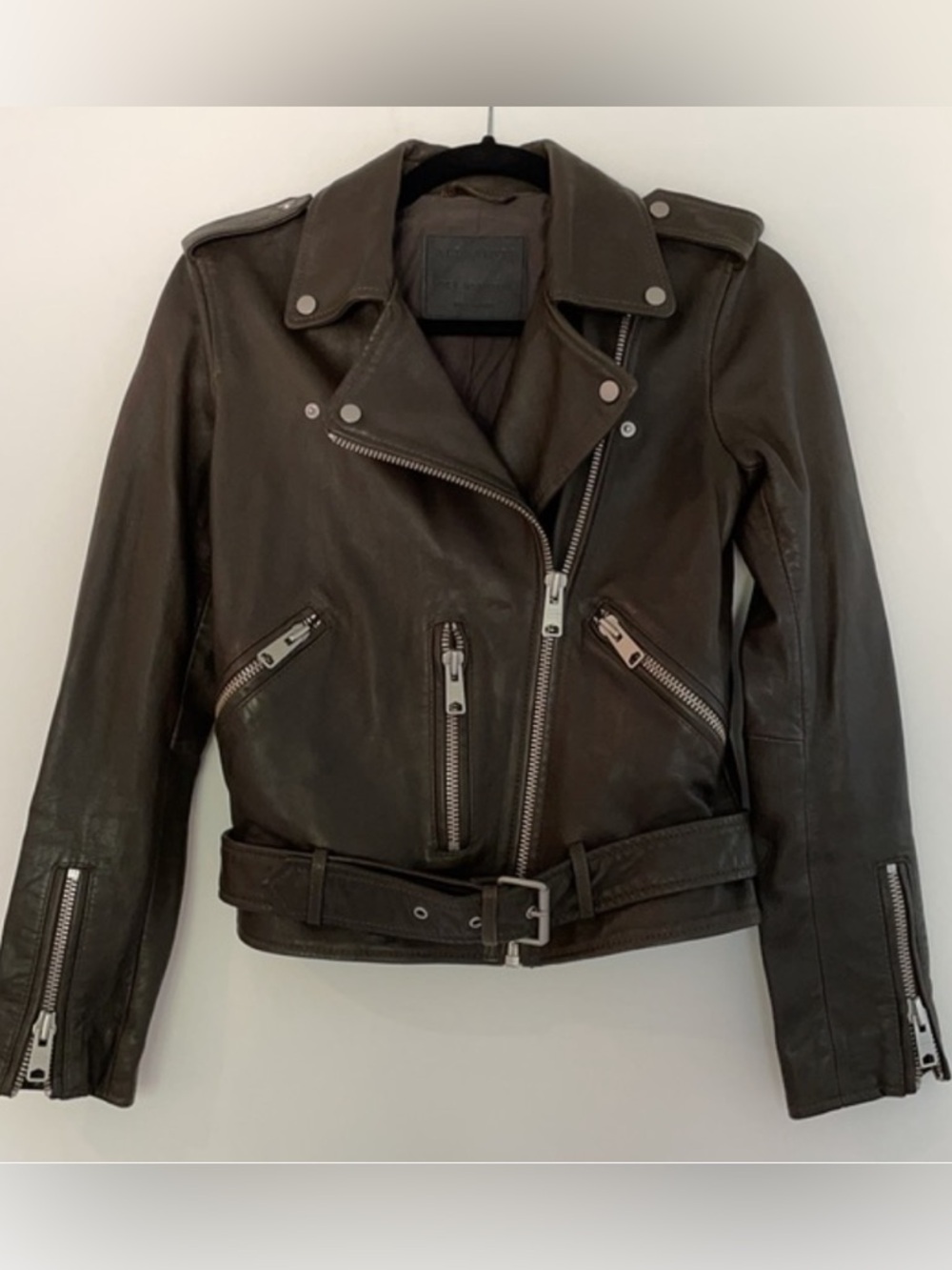 ALLSAINTS Balfern Leather Biker Jacket Dark Olive-Brown Moto Jacket - RARE COLOR